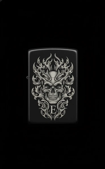 Benzinli Çakmak Kuru Kafa Figürlü E Harfli Tasarım - V28 ürün görseli 1