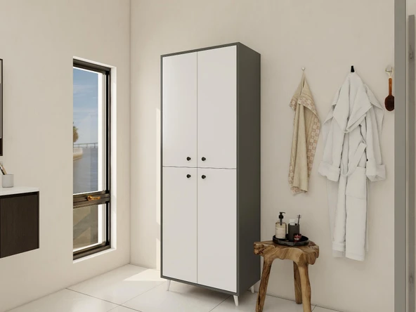 Vadi Çok Amaçlı Banyo/Kiler Dolabı Koyugri-Beyaz Renk - Resim 2