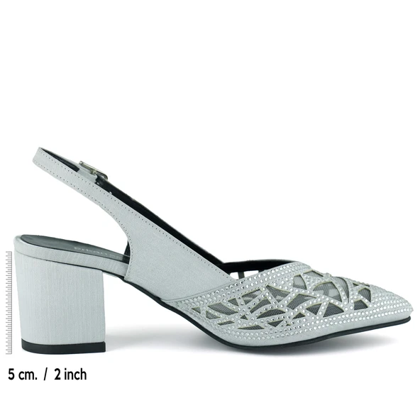 Erkan Saçmacı Estelle Gümüş Saten Taşlı Fileli Sivri Burun Kalın Topuklu Arkası Açık Abiye Ayakkabı - Resim 2