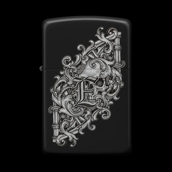 Benzinli Çakmak Kuru Kafa Figürlü E Harfli Tasarım - V98 ürün görseli