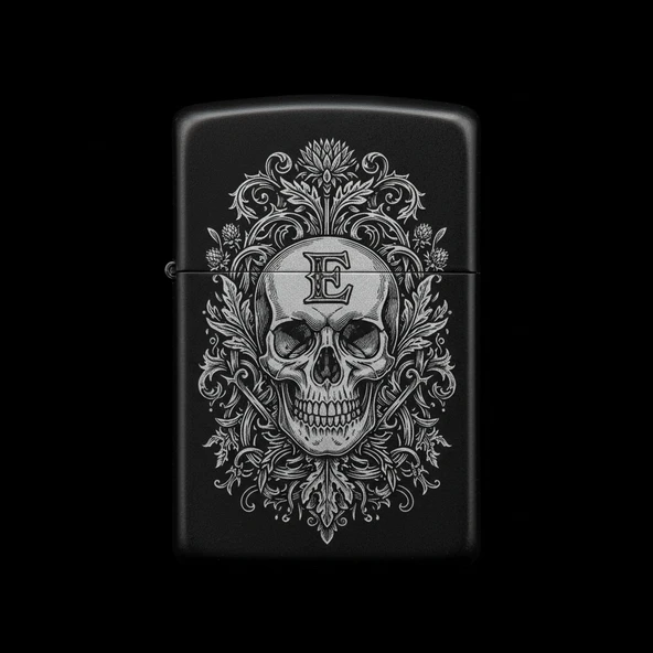 Benzinli Çakmak Kuru Kafa Figürlü E Harfli Tasarım - V83 ürün görseli 1