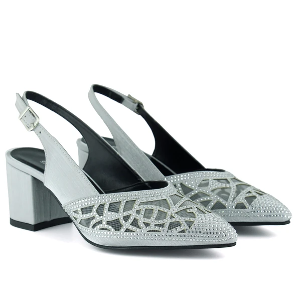 Erkan Saçmacı Estelle Gümüş Saten Taşlı Fileli Sivri Burun Kalın Topuklu Arkası Açık Abiye Ayakkabı - Resim 3