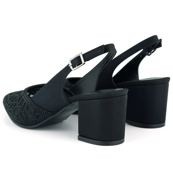 Erkan Saçmacı Estelle Siyah Saten Taşlı Fileli Sivri Burun Kalın Topuklu Arkası Açık Abiye Ayakkabı - Resim 5