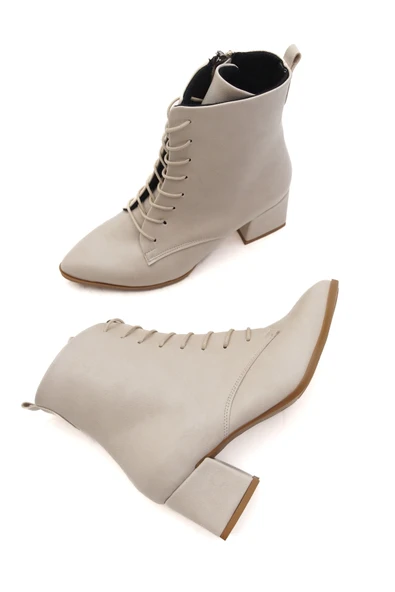 Katerina Bej (5cm) Kalın Topuklu (5cm) Sivri Burun Bağcıklı Günlük Kadın Bot - Resim 4