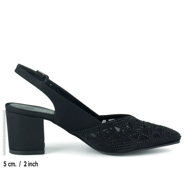 Erkan Saçmacı Estelle Siyah Saten Taşlı Fileli Sivri Burun Kalın Topuklu Arkası Açık Abiye Ayakkabı - Resim 2