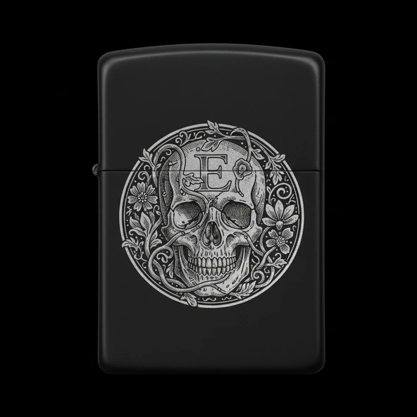 Benzinli Çakmak Kuru Kafa Figürlü E Harfli Tasarım - V9 ürün görseli