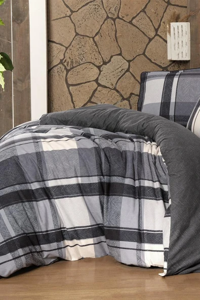 Markis Gri Çift Kişilik %100 Pamuk Flanel (Pazen) Nevresim Takımı - Resim 4