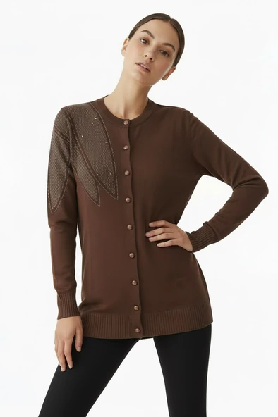 Kadın Merserize Tek Omuz Taş Detaylı Hırka Kahverengi ürün görseli