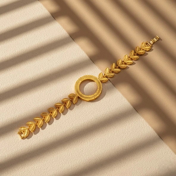 Altın Kaplama İmitasyon Zirkon Taşlı İki Çeyrekli Çerçeve Bileklik BLK-1186 - Resim 4