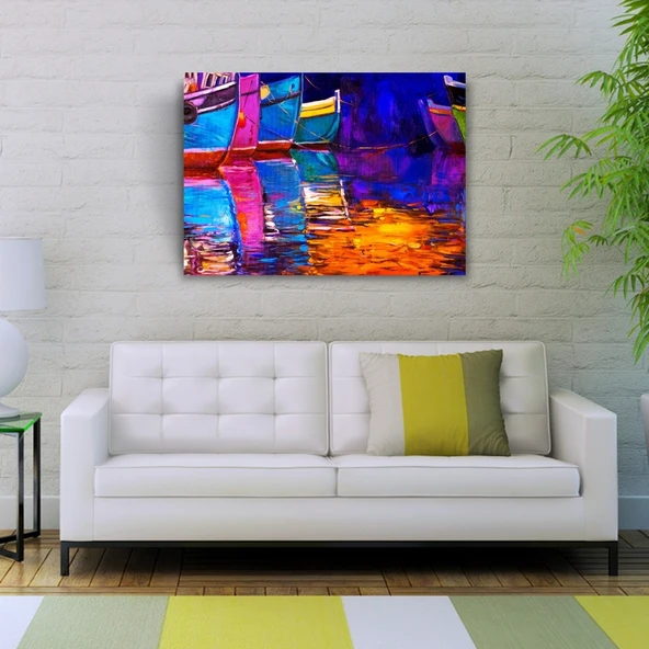 İskeledeki Balıkçı Kayıkları Yağlıboya Kanvas Tablo 50 x 70 - Resim 2