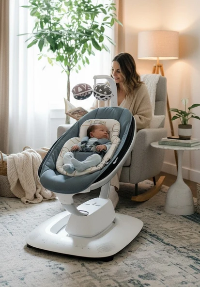 4moms Mamaroo 5.0 Elektrikli Ana Kucağı - Slate Blue + Yenidoğan Destek Pedi - Resim 4