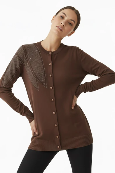 Kadın Merserize Tek Omuz Taş Detaylı Hırka Kahverengi - Resim 2