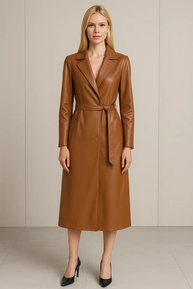 Deri Düğmeli ve Kuşaklı Trençkot ürün görseli 1