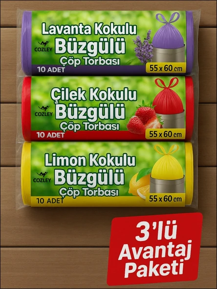 30 Adet Orta Boy Kokulu Büzgülü Çöp Poşetleri Lavanta Limon Çilek Kokulu Çöp Torbaları 55x60 CM ürün görseli 1