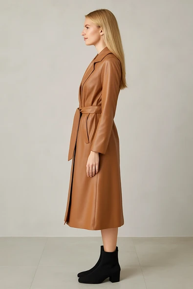 Deri Düğmeli ve Kuşaklı Trençkot - Resim 3