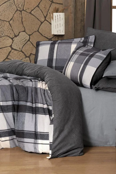 Markis Gri Çift Kişilik %100 Pamuk Flanel (Pazen) Nevresim Takımı - Resim 3