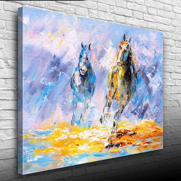 Dörtnala İki At Sarı ve Mavi Tonlarda Yağlıboya Kanvas Tablo 50 x 70 ürün görseli 1