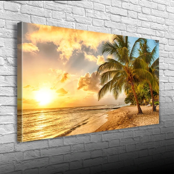 Sahilde Palmiyeler ve Günbatımı Kanvas Tablo 60 x 120 - Resim 3