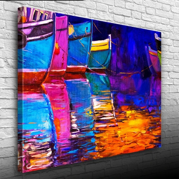 İskeledeki Balıkçı Kayıkları Yağlıboya Kanvas Tablo 50 x 70 - Resim 3