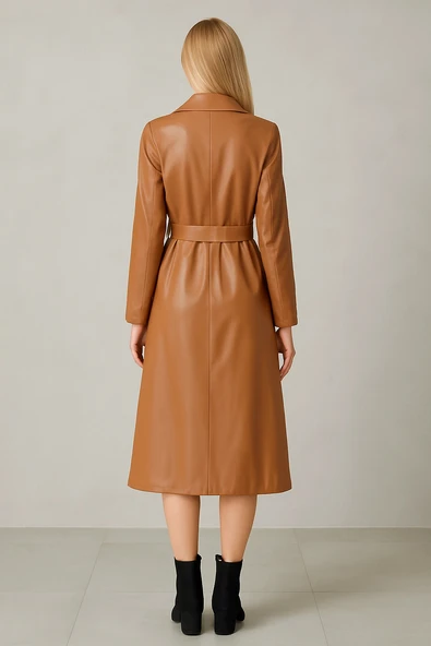 Deri Düğmeli ve Kuşaklı Trençkot - Resim 2