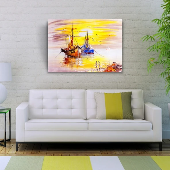 Günbatımında Balıkçı Takaları ve Martılar :Yağlıboya Kanvas Tablo 50 x 70 - Resim 2