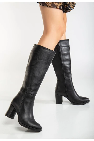 Kadın Siyah Fermuarlı Sivri Burun Topuklu Uzun Çizme ürün görseli 1