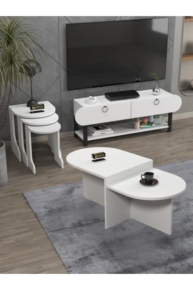 Tv Sehpası Ünitesi Tekli Orta Sehpa 3'Lü Zigon Sehpa Set Üç Ürün Beyaz ürün görseli