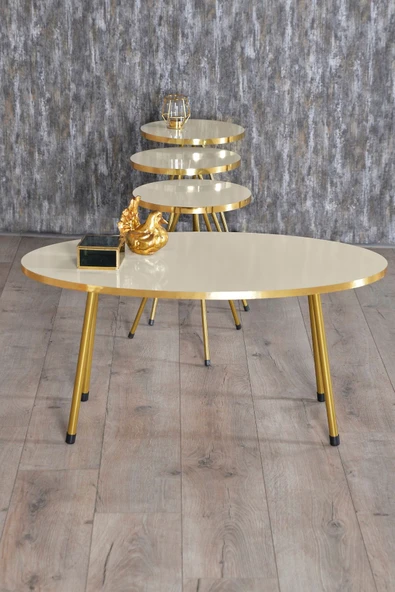 Zigon Sehpa ve Orta Sehpa Elips Gold Metal Ayak Gold Krem Set ürün görseli 1