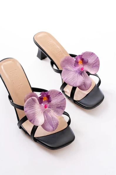 Siyah Mor Orkide Detaylı İnce Topuklu Kadın Terlik - Resim 4