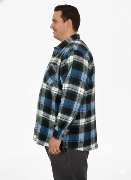 Büyük Beden Gömlek Tek Cep Oduncu 25394 Petrol-Yeşili - Resim 3