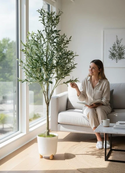 Yapay Zeytin Ağacı 185cm Doğal Görünümlü Yapay Ağaç Beyaz 25cm Zigon Saksıda - Resim 3