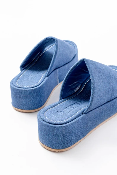 Açık Kot Geniş Bantlı Dolgu Kadın Terlik - Resim 5