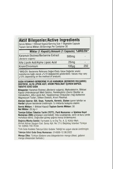 Suda Vitamin Berberine Plus 30 Kapsül 10 Adet - Resim 3