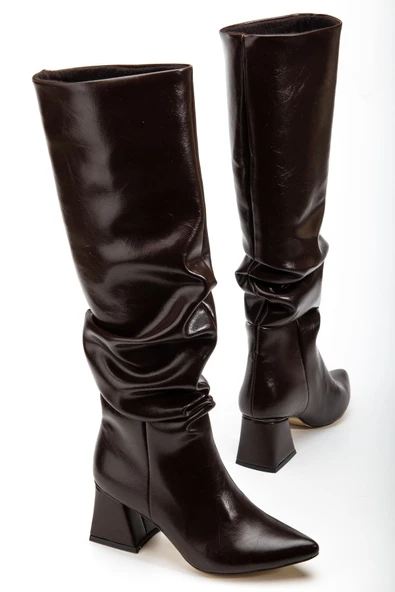 Kahve Kırışık Rugan Körüklü Kalın Topuklu Günlük Bayan Çizme - Resim 5