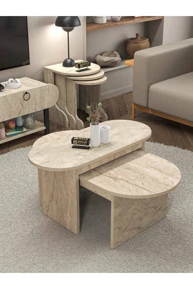 Tv Sehpası Ünitesi 2'Li Orta Sehpa 3'Lü Zigon Sehpa Set Üç Ürün Traverten - Resim 5