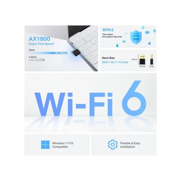 TP-LINK Archer TX20U Nano | Wi-Fi 6 Nano USB | AX1800 Mbps | Çift Bant | MU-MIMO | USB 3.0 | WPA3 | Windows 10/11 - Resim 3
