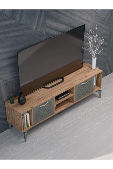Tv Sehpası Ünitesi Tekli Orta Sehpa 3'Lü Zigon Sehpa Set Üç Ürün Atlantik Çam - Resim 4