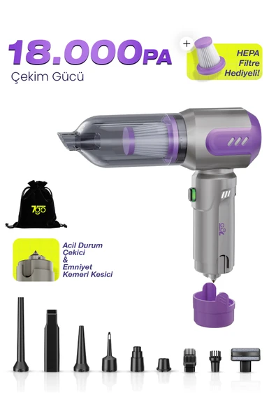 AHV-14 2'si 1 Arada Kablosuz Araç İçi Süpürge Mor | 18000PA Güçlü Vakum + Üfleme | Cam Kırıcı & ürün görseli 1