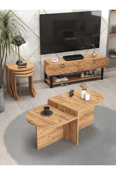 Tv Sehpası Ünitesi Tekli Orta Sehpa 3'Lü Zigon Sehpa Set Üç Ürün Atlantik Çam ürün görseli