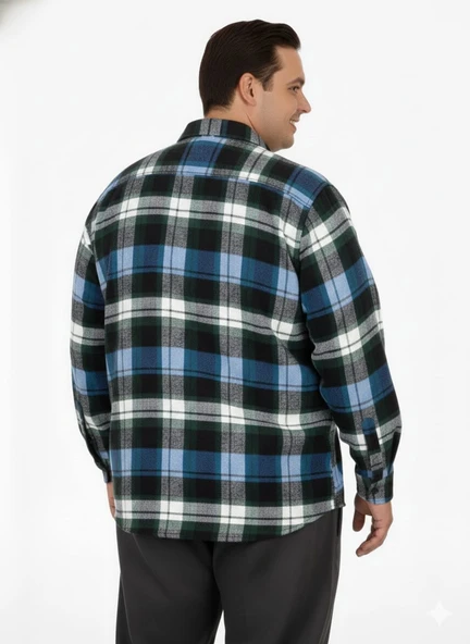 Büyük Beden Gömlek Tek Cep Oduncu 25394 Petrol-Yeşili - Resim 4