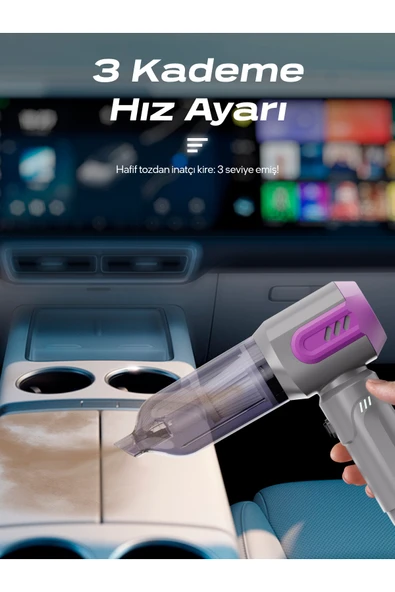 AHV-14 2'si 1 Arada Kablosuz Araç İçi Süpürge Mor | 18000PA Güçlü Vakum + Üfleme | Cam Kırıcı & - Resim 5
