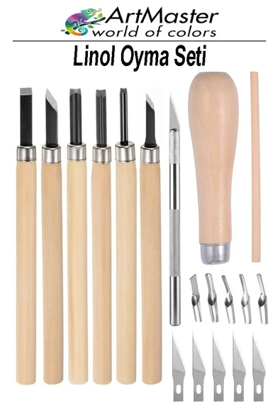 Linol Oyma Seti 19 Parça 1 Paket ve Kretuar Bıçak Seti Ahşap Saplı Oyma Kesme Bıçak Seti Linol Bıçaklı Linolyum Baskı ürün görseli 1