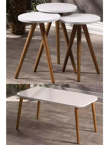 Zigon Sehpa Ve Orta Sehpa Set Ahşap Kr Torna Beyaz ürün görseli 1