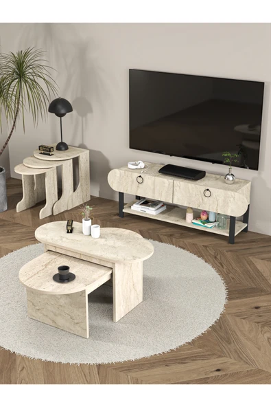 Tv Sehpası Ünitesi 2'Li Orta Sehpa 3'Lü Zigon Sehpa Set Üç Ürün Traverten - Resim 6