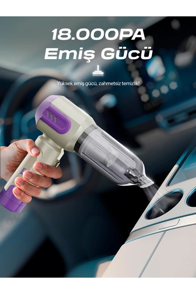AHV-14 2'si 1 Arada Kablosuz Araç İçi Süpürge Mor | 18000PA Güçlü Vakum + Üfleme | Cam Kırıcı & - Resim 2