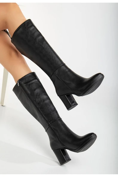 Kadın Siyah Fermuarlı Sivri Burun Topuklu Uzun Çizme - Resim 3
