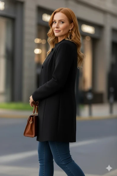 MDB Kadın Uzun Kollu Yakalı önü Düğmeli Ithal Kaşe Astarlı Kaban - Resim 2