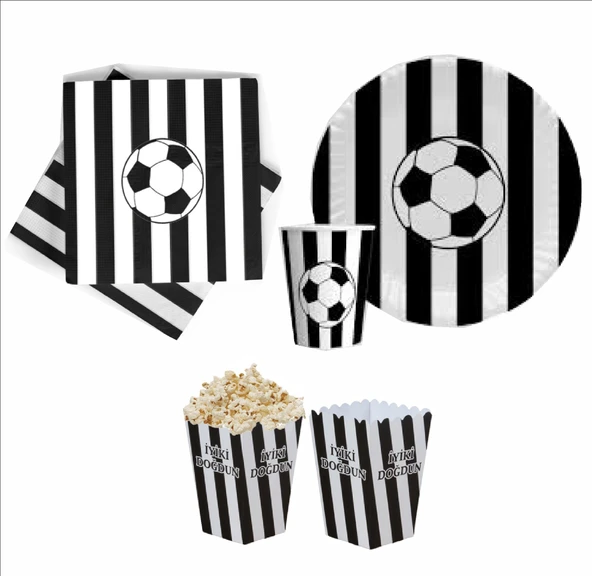 Taraftar Siyah Beyaz 8 Tabak, 8 Bardak, 10 Peçete, 8 Mısır Kutusu ürün görseli 1