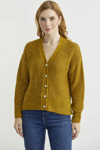 Payet Detaylı Yünlü Triko Hırka - Hardal ürün görseli