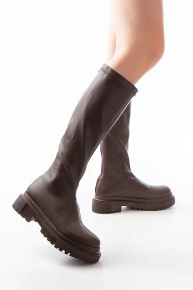 Kahverengi Streç Arkadan Fermuarlı Günlük Kadın Çizme - Resim 3